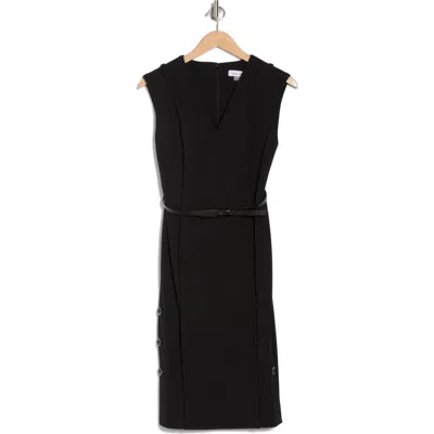 Calvin Klein Sleeveless Belted Side Button Crepe Sheath Dress In Black