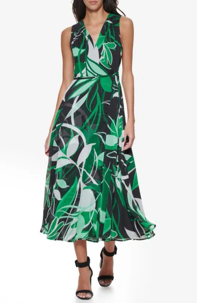 Calvin Klein Sleeveless Chiffon Faux Wrap Midi Dress In Fern Multi