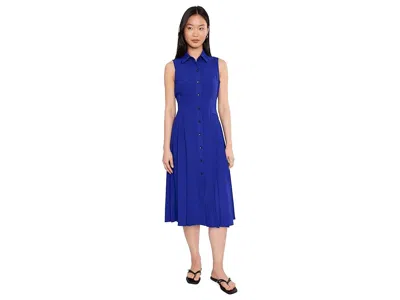 Calvin Klein Sleeveless Collared Pleated Guauze Dress In Blue