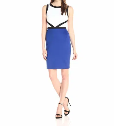 Calvin Klein Sleeveless Fitted Sheath Neoprene Colorblock Scuba Dress In Blue/white/black In Multi