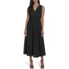 Calvin Klein Sleeveless Knotted Waist Gauze Midi Dress In Black