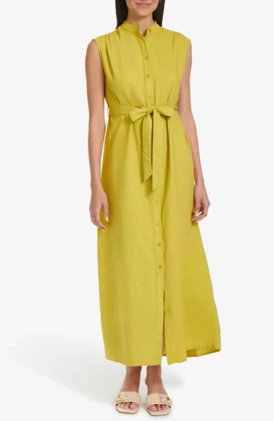 Calvin Klein Sleeveless Linen Blend Maxi Shirtdress In Celery