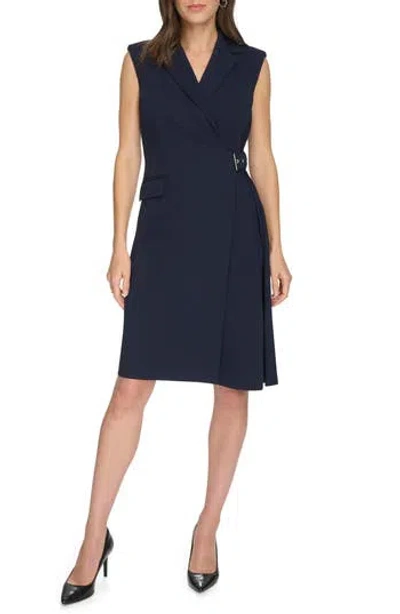 Calvin Klein Sleeveless Side Buckle Wrap Dress In Indigo