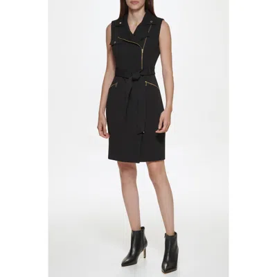 Calvin Klein Sleeveless Stretch Crepe Moto Dress In Black
