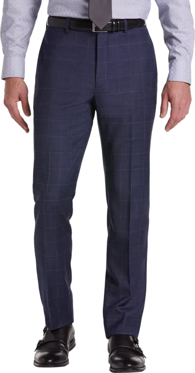 Calvin Klein Big & Tall Slim Fit Wool Blend Windowpane Men's Suit Pants Navy Plaid - Size: 52w X 30l In Blue