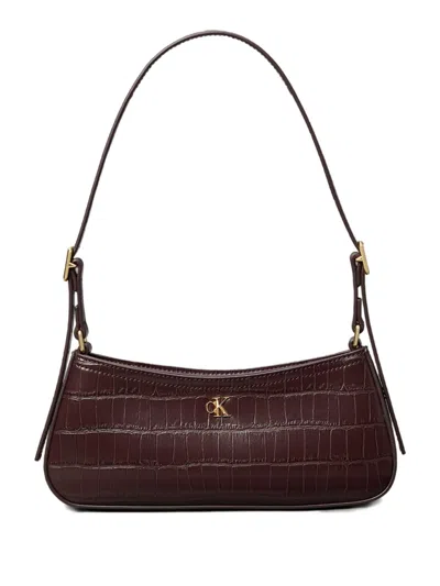 Calvin Klein Small Croc-embossed Buckle Shoulder Bag In Burgundy