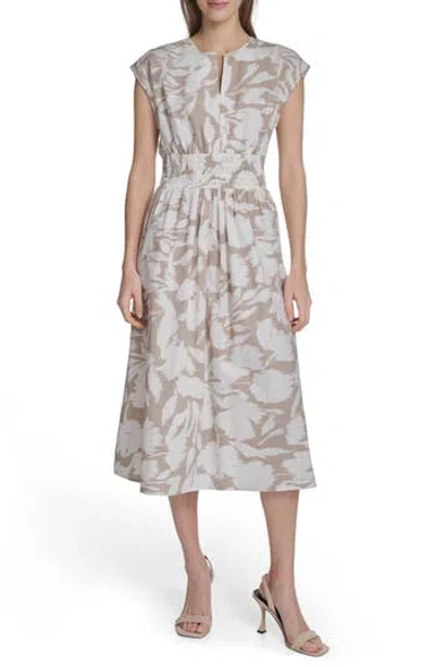 Calvin Klein Smocked Fit And Flare Midi Dress In Brown