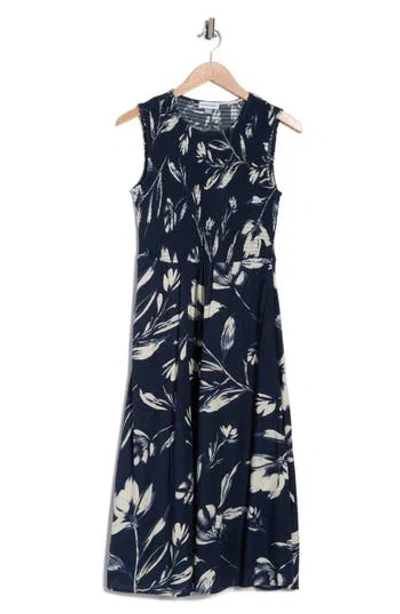 Calvin Klein Smocked Sleeveless Fit & Flare Midi Dress In Blue