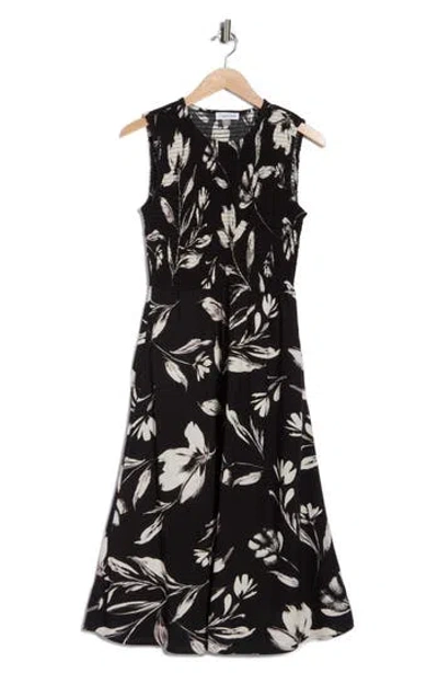 Calvin Klein Smocked Sleeveless Fit & Flare Midi Dress In Multi