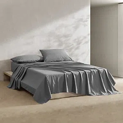 Calvin Klein Solid Washed Cotton Percale 4 Piece Sheet Set, Queen In Dark Grey