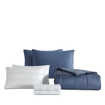 Calvin Klein Solid Washed Reversible Plush 7 Piece Comforter Set, Queen In Blue