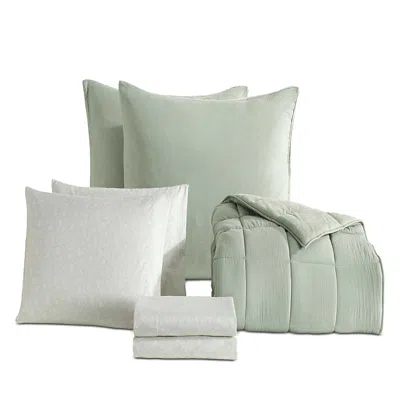 Calvin Klein Solid Washed Reversible Plush 7 Piece Comforter Set, Queen In Green