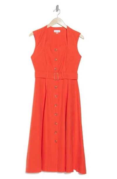 Calvin Klein Square Neck Button Front Midi Dress In Orange