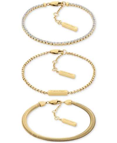 Calvin Klein Stainless Steel 3-pc. Set Crystal Mixed Chain Bracelets In Gold