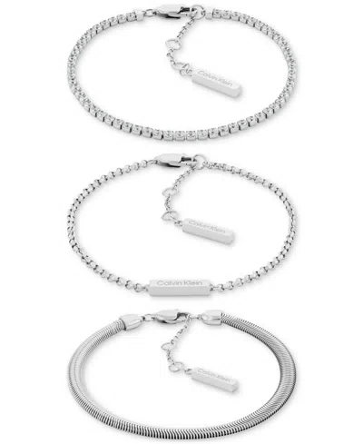 Calvin Klein Stainless Steel 3-pc. Set Crystal Mixed Chain Bracelets In White