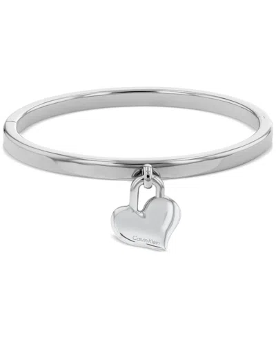 Calvin Klein Stainless Steel Logo Heart Charm Bangle Bracelet In Silver