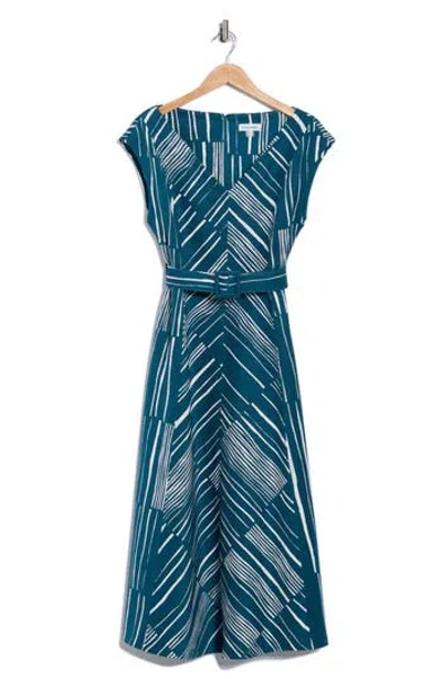 Calvin Klein Stripe Belted V-neck Midi Dress In Blue