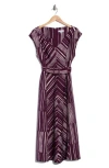 Calvin Klein Stripe Belted V-neck Midi Dress In Burgundy