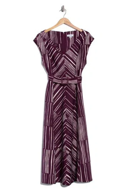 Calvin Klein Stripe Belted V-neck Midi Dress In Burgundy