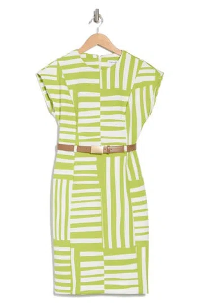 Calvin Klein Stripe Cap Sleeve Belted Sheath Dress In Multi