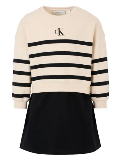 Calvin Klein Kids' Stripe-embellished Cotton Dress In Nude