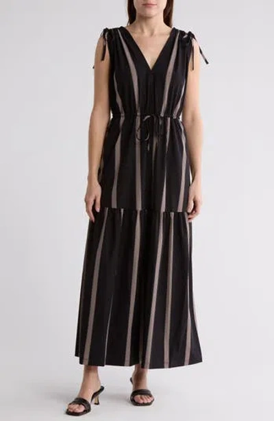 Calvin Klein Stripe Sleeveless Tiered Midi Dress In Black/stone Beige