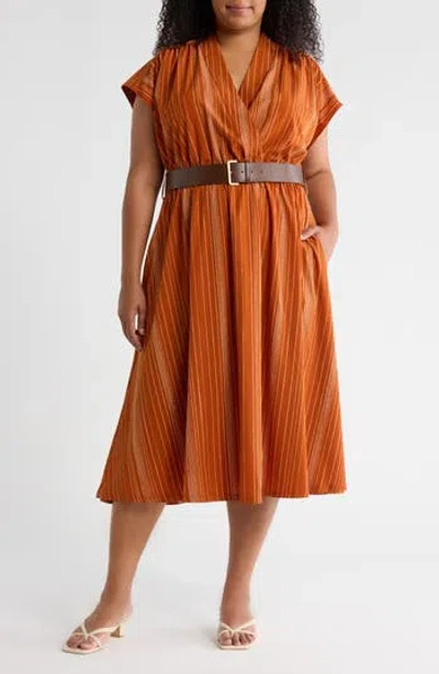 Calvin Klein Stripe Surplice V-neck Belted Wrap Dress In Orange