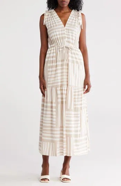 Calvin Klein Stripe V-neck Drawstring Maxi Dress In Neutral