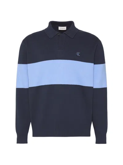 Calvin Klein Striped V-neck Sweater In Blue