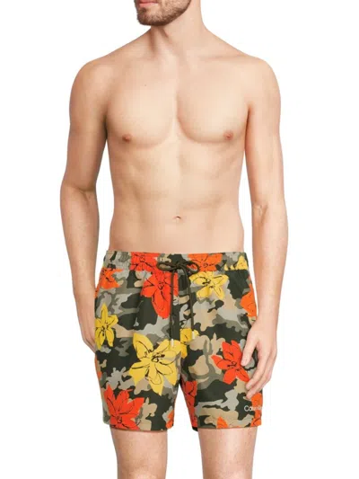 Calvin Klein Swim Men's Floral Drawstring Swim Shorts In Olive Camo