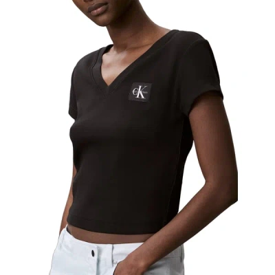 Calvin Klein T-shirt À Col En V En Coton Côtelé In Black