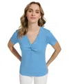 Calvin Klein T-shirt Women's Bayou Twist Front V-neck Short Sleeve Fts1384 In Blue