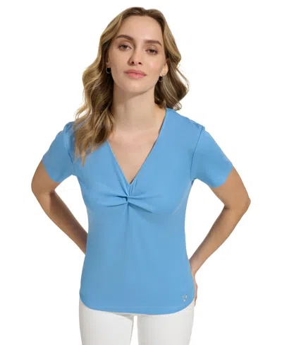 Calvin Klein T-shirt Women's Bayou Twist Front V-neck Short Sleeve Fts1384 In Blue