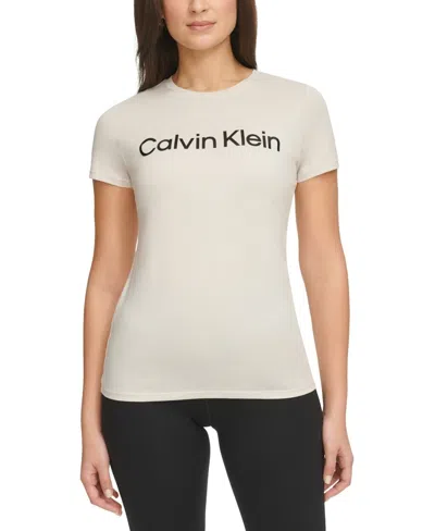 Calvin Klein T-shirt Womens Beige Cotton Graphic Logo Short Sleeve Top Fts541 In Multi