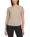 Calvin Klein T-shirt Womens Moon Rock Textured Drawstring Ruched Top Fts478 In Neutral