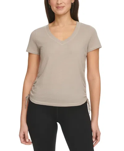 Calvin Klein T-shirt Womens Moon Rock Textured Drawstring Ruched Top Fts478 In Neutral