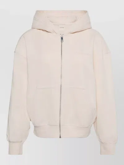 Calvin Klein Terry Full Zip Logo Hooded Sweatshirt In Neutral