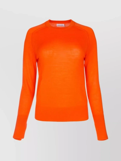 Calvin Klein Textured Ribbed Knit Crewneck With Hemmed Cuffs In Orange