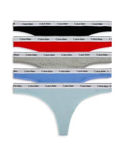 Calvin Klein Thongs, Pack Of 5 In Black/grey Heather/sterling Blue/glacier