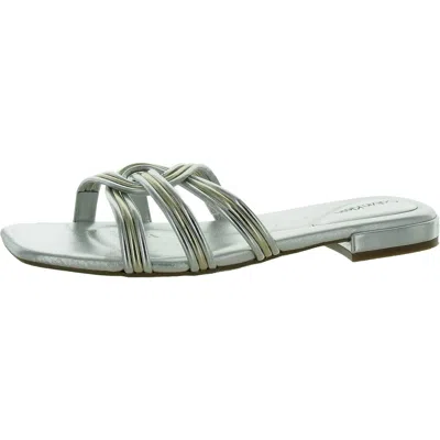 Calvin Klein Tianela Womens Faux Leather Flat Slide Sandals In Silver