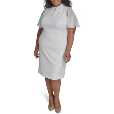 Calvin Klein Tie Neck Short Sleeve Crepe Sheath Dress In Cream