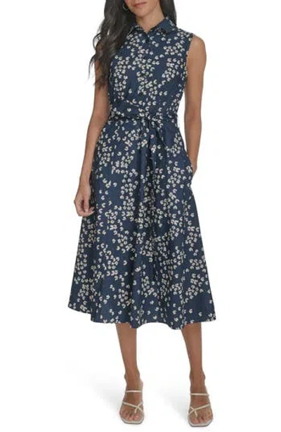 Calvin Klein Tie Waist Cotton Shirtdress In Blue
