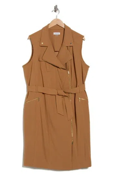 Calvin Klein Tie Waist Moto Dress In Brown