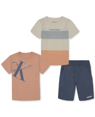 Calvin Klein Kids' Toddler 2 Colorful Logo Tees And French Terry Shorts, 3 Piece In Assorted