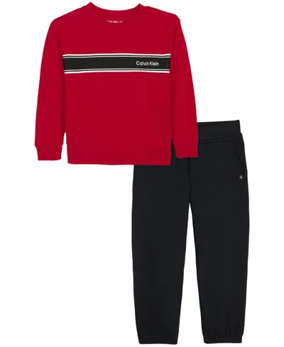 Calvin Klein Kids' Toddler And Boys' 4-20 Fleece Long-sleeve Striped Sweatshirt And Joggers, 2-piece Set In Black