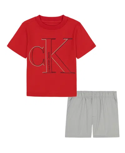 Calvin Klein Kids' Toddler And Little Boys 2-piece Classic Logo T-shirt And Tech Woven Shorts Set In Red