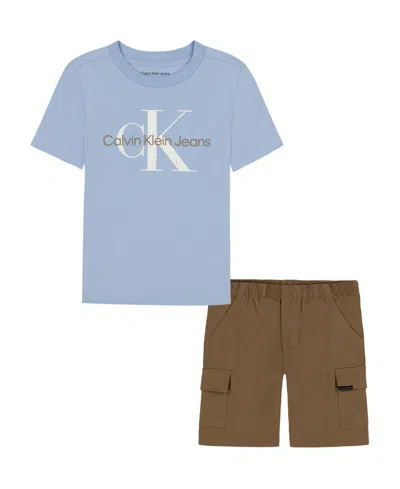 CALVIN KLEIN TODDLER AND LITTLE BOYS 2-PIECE SHORT SLEEVE LOGO T-SHIRT AND TWILL CARGO SHORTS SET