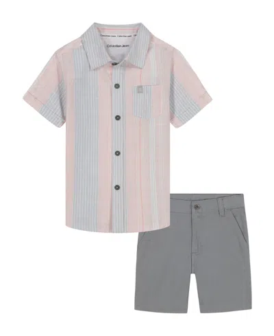 Calvin Klein Kids' Toddler And Little Boys 2-piece Striped Woven Button Front And Washed Twill Shorts Set In Stripes,charcoal