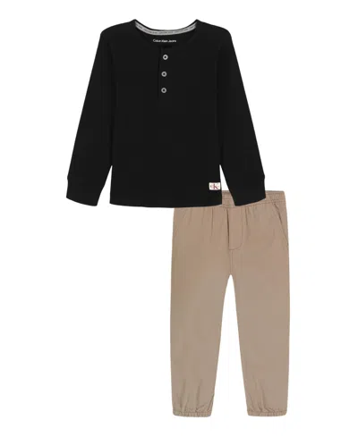 Calvin Klein Babies' Toddler And Little Boys 2-piece Thermal Henley Top And Twill Joggers Set In Black
