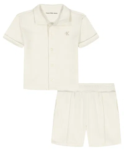 Calvin Klein Kids' Toddler And Little Boys' 2t-7 Novelty Knit Shirt And Shorts, 2-piece Set In White
